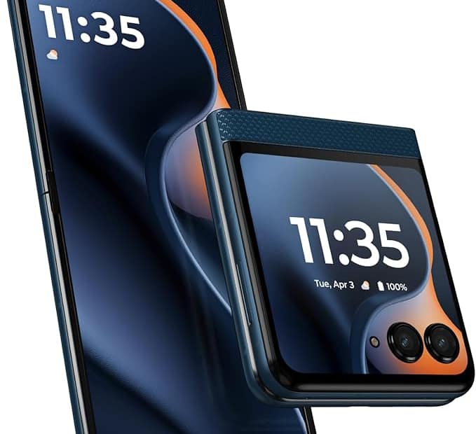 Motorola Razr 2025 foldable smartphone fully open and closed, showing cover display and main screen