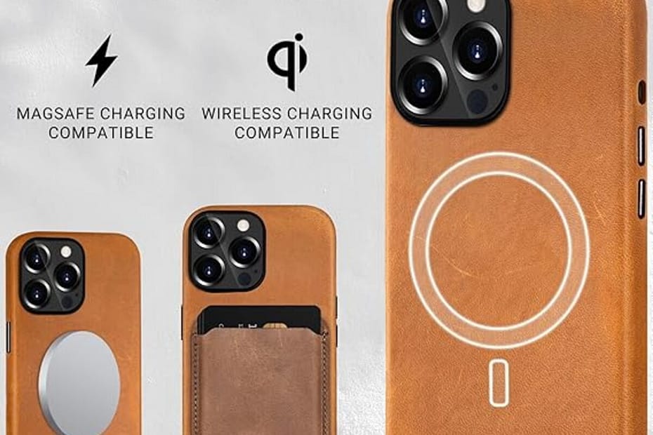 Premium leather MagSafe case for iPhone 12 to 16 Pro Max in tan brown