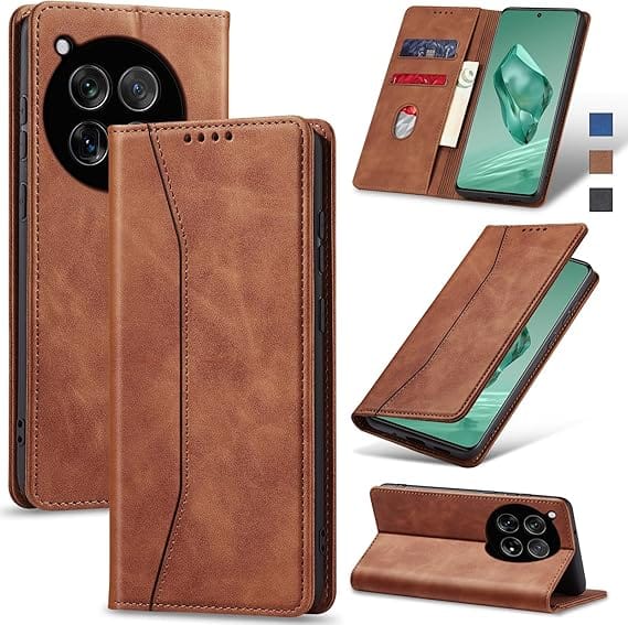 lip Wallet Case for OnePlus 12,Leather Magnetic Folio Cover with Card Holder,Kickstand - TPU Shockproof Durable Protective Phone Case,Brown